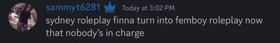 a screenshot of a discord conversation between sammy16291 and sydney roleplay finna