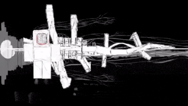 a black and white drawing of a building with a red light on the top