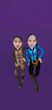 a man and a woman standing next to each other with their faces on their bodies