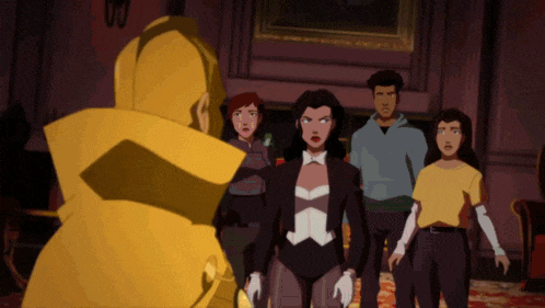 a group of cartoon characters standing around a man in a yellow coat