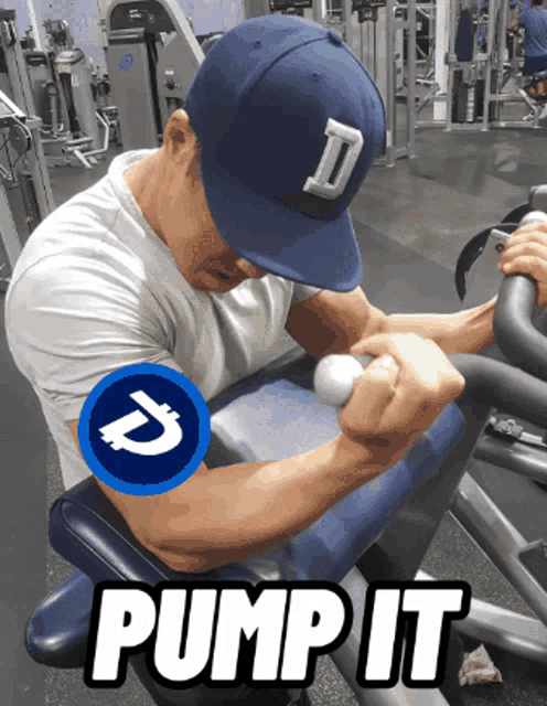 a man in a baseball cap is using a machine with the words pump it on the bottom