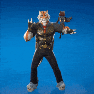 a man with a tiger 's head and a raccoon on his back