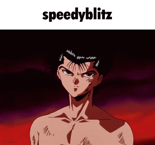 a picture of a shirtless anime character with the words speedyblitz below it