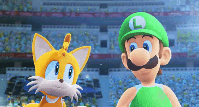 mario and tails are standing next to each other