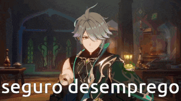 a cartoon character is sitting at a table with the words seguro desemprego written on the bottom