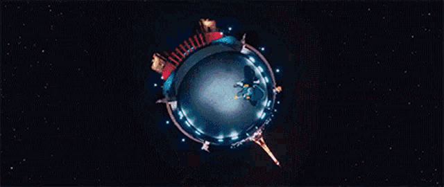 a group of cartoon characters are standing next to each other on a set of stairs at night .