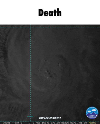 a black and white image of a hurricane with the word death written above it