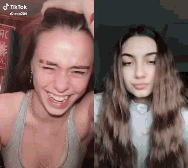 two girls are making funny faces next to a sign that says tik tok