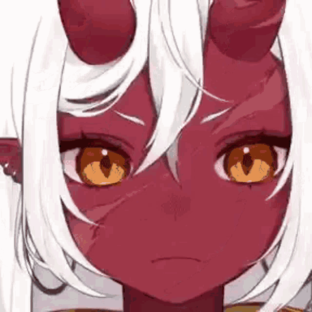 a close up of a red demon girl with white hair and horns .
