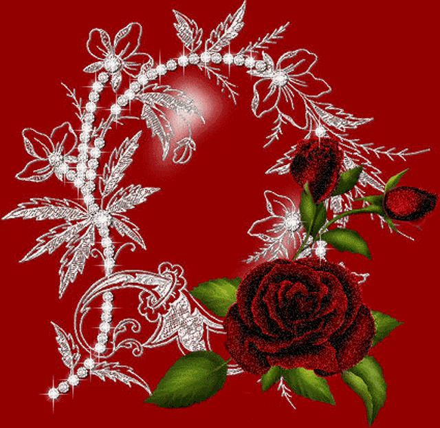 a floral design with red roses and silver leaves on a red background