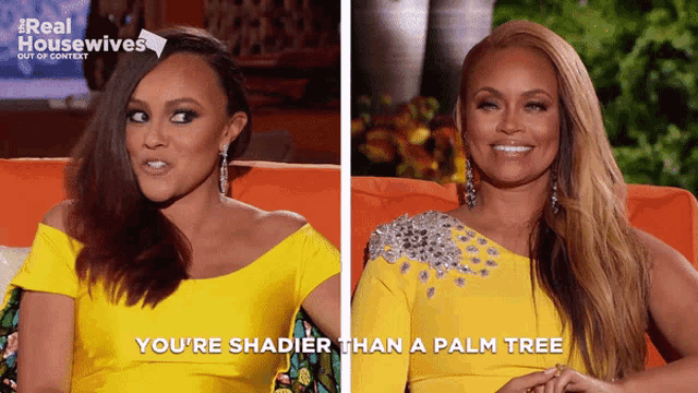 two women are sitting next to each other on a couch and one of them is saying you 're shadier than a palm tree