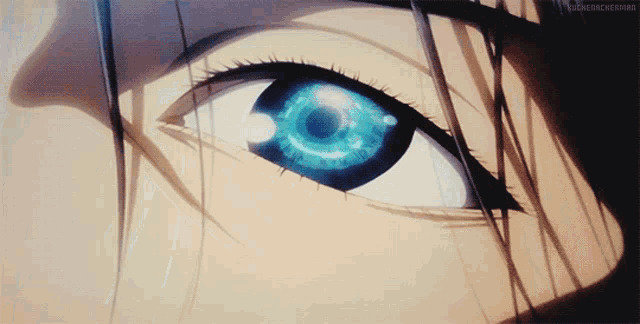 a close up of a person 's eye with a blue pupil and a shadow of a tree in the background
