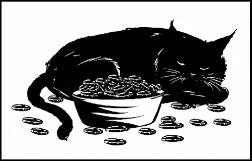 a black cat is laying next to a bowl of food