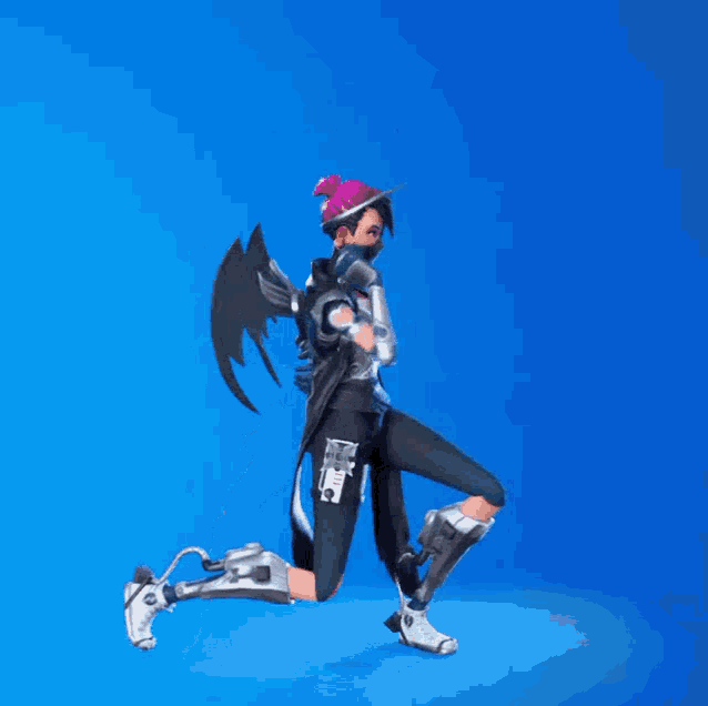 a video game character with wings and a pink hat is running