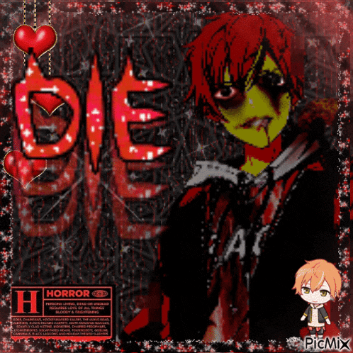 a picture of a boy with blood on his face and the word horror written on it