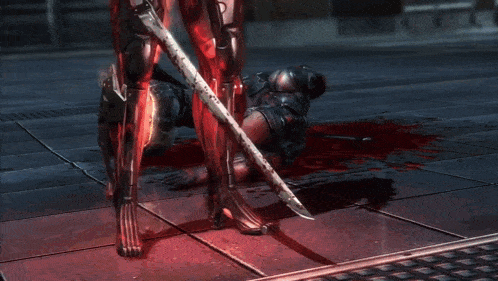 a video game character is holding a bloody sword and says " who 's next "