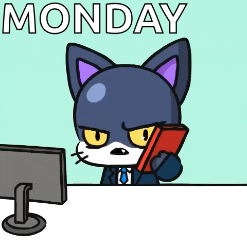 a cartoon cat is sitting at a desk holding a book and a cell phone with the word monday written above him