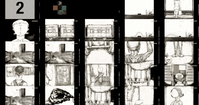 a collage of black and white drawings with the number 2 in the corner