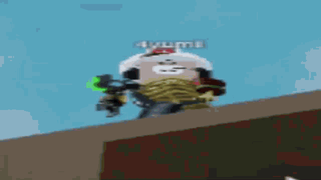 a cartoon character is standing on top of a building with a clock on his head .
