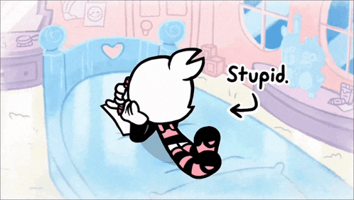 a cartoon character is laying on a bed and the word stupid is next to the character