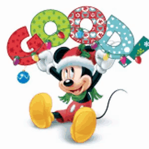 mickey mouse is wearing a santa hat and scarf while holding letters g and q over his head