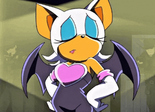 a cartoon drawing of rouge the bat with a heart shaped chest