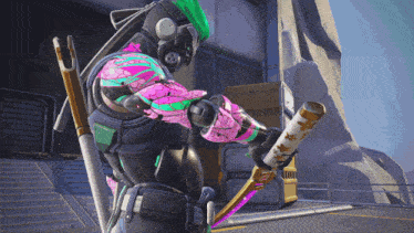 a video game character with a green helmet and headphones holding a sword