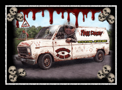a picture of a man in a van that says free candy on it