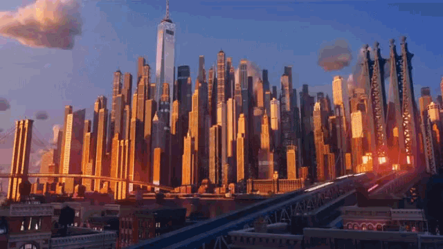 a city skyline with a bridge in the foreground and the one world trade center in the background