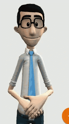 a cartoon man wearing glasses and a blue tie points to something