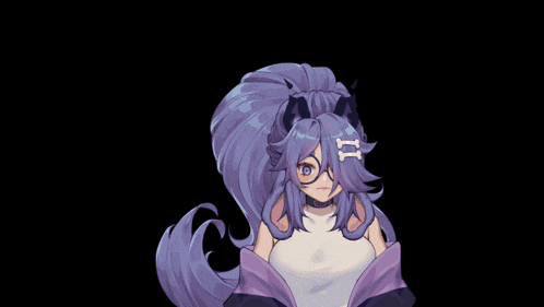 a person with purple hair is looking at something