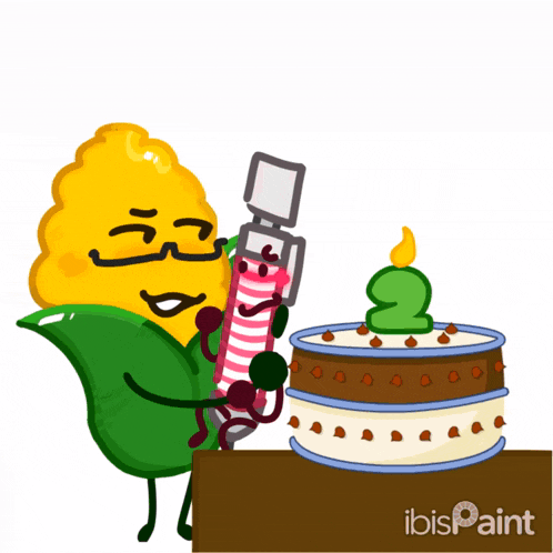 a cartoon drawing of a birthday cake with a green candle