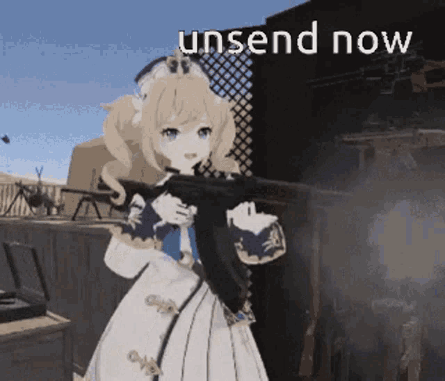 a girl in a white dress is holding a gun and the words unsend now are on the bottom