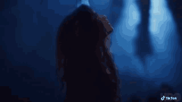 a silhouette of a woman in a dark room with a blue light behind her .
