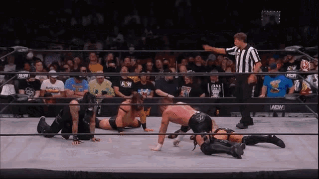a wrestler is laying on the ground in a wrestling ring that says aew on it