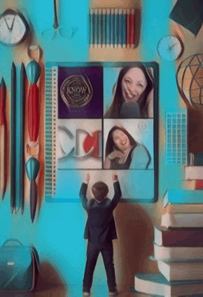 a boy in a suit stands in front of a screen with the word know on it