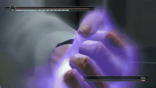 a close up of a person 's hands in a video game with a purple light coming out of them .