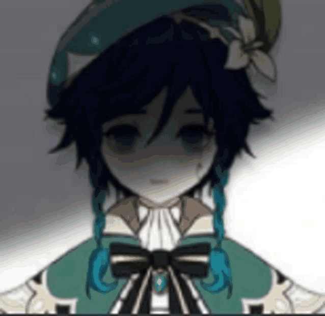 a close up of a anime character wearing a hat and a bow .