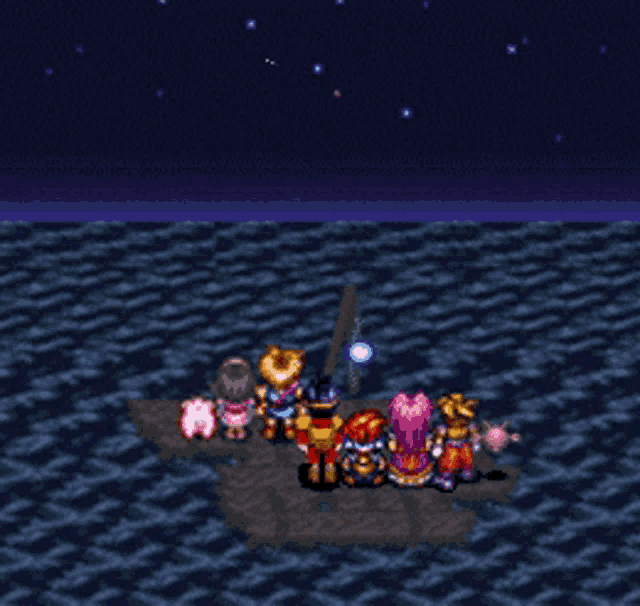 a group of cartoon characters are sitting on a boat in the water