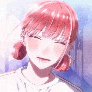 a girl with pink hair is smiling and wearing a white shirt with red stripes