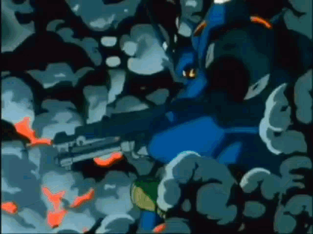 a cartoon character is holding a gun and surrounded by smoke and fire .
