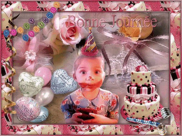 a picture of a little girl with a birthday cake and the words bonne journee on the bottom