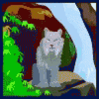 a pixel art drawing of a white cat sitting on a rock .