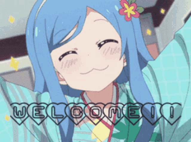 a picture of a girl with blue hair and the words welcome written in hearts