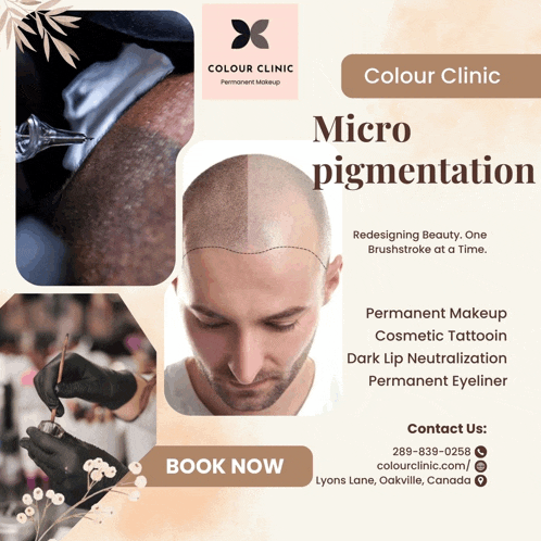 a poster for colour clinic micro pigmentation shows a man getting a tattoo