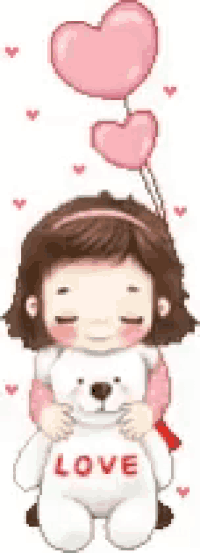 a girl is holding a teddy bear that says love on it .
