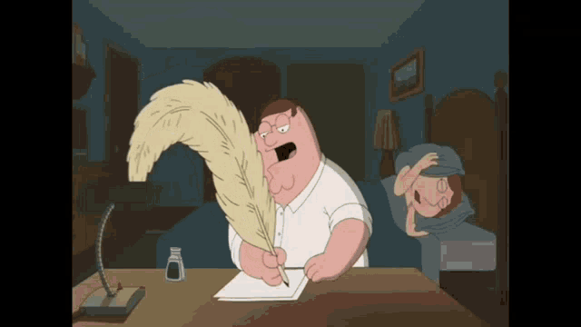 a cartoon of peter griffin writing with a quill