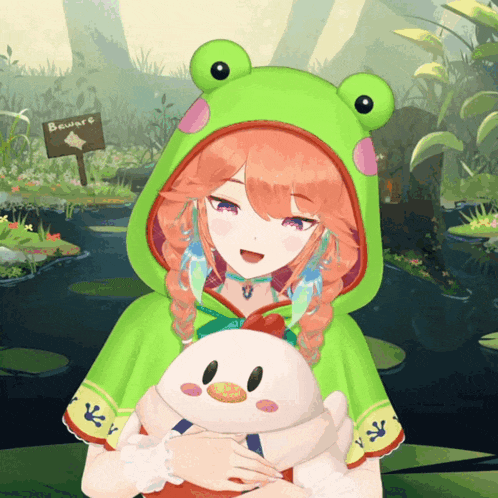 a girl in a green frog hood holds a stuffed animal