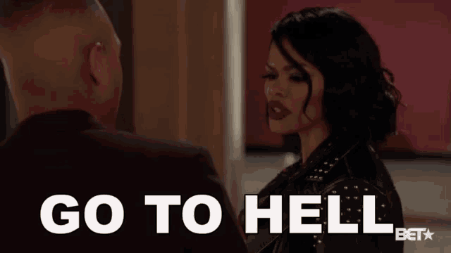a man and a woman are standing next to each other with the words go to hell written on the bottom