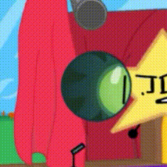 a cartoon star with a green eye is standing in front of a microphone ..